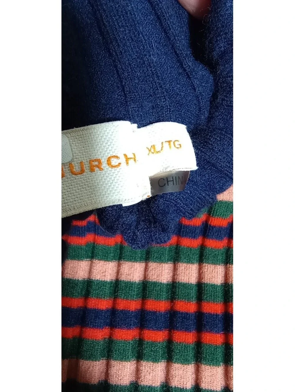 Tory Burch Striped Ribbed Turtleneck Sweater XL Blue Tan Merono Wool Stretch